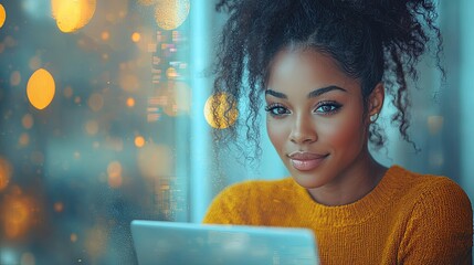 A woman is engrossed in using her laptop, surrounded by a warm bokeh effect background, symbolizing modern technology with a sense of focus and beauty.