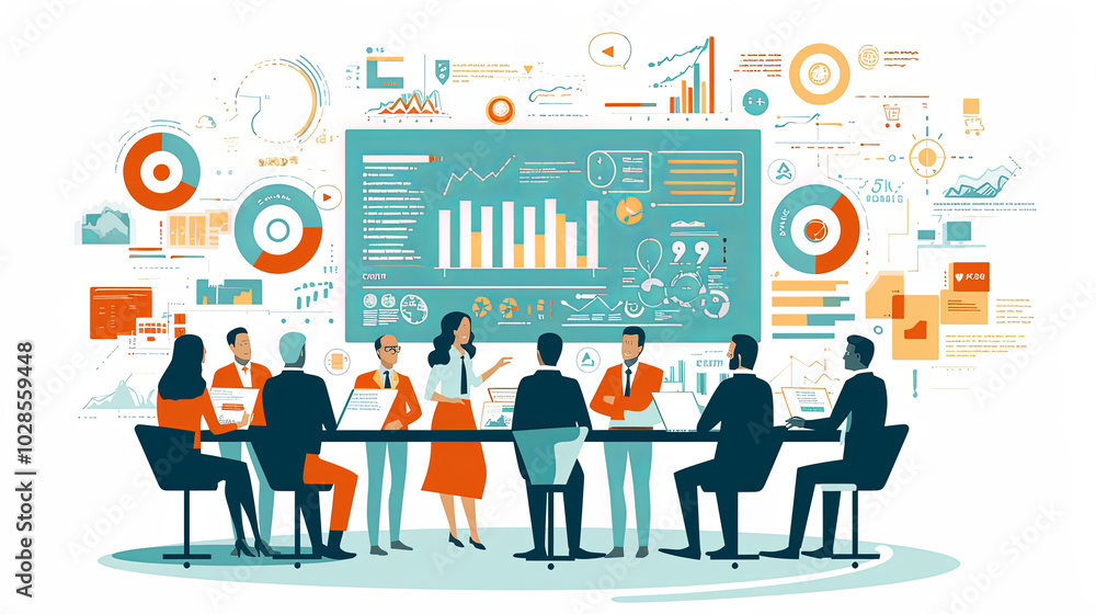 Aufkleber a diverse group participates in a professional meeting with data visualizations on a screen, discuss