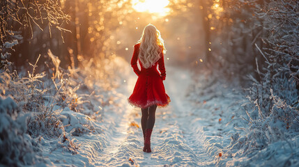 Attractive Snow Maiden gracefully walks through the snowy forest, New Year