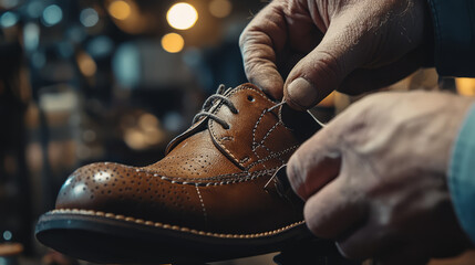 Close-up of a cobbler stitching a leather shoe sole, highlighting the texture of the leather and stitches.