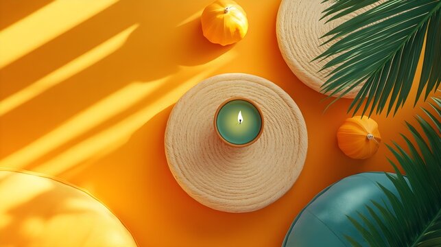 Cozy mindful living illustration, flat design, top view, weekend relaxation theme, 3D render, split-complementary color scheme 