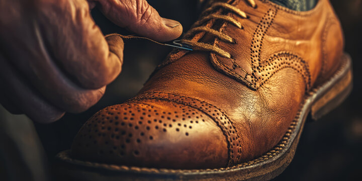 Close-up of a cobbler stitching a leather shoe sole, highlighting the texture of the leather and stitches.