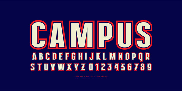 Decorative sans serif font in classic sport style. Letters and numbers with contour for label and emblem design. Color print on blue background