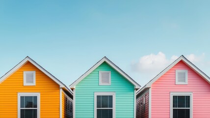 Vibrant row of homes with brightly colored exteriors in shades of orange, blue, and yellow under a clear blue sky.