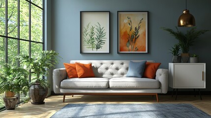 A stylish living room featuring a cozy grey sofa, vibrant cushions, abstract art on the walls, and an abundance of houseplants by a large window letting in natural light.
