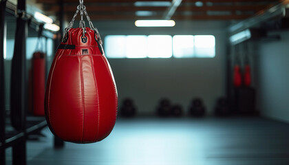 Boxing bag hanging in gym, punching equipment for fight sport training, fitness and strength exercise