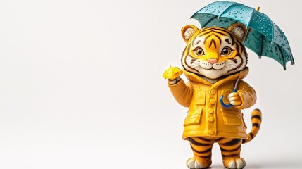 Cute Tiger in Raincoat with Tiny Umbrella