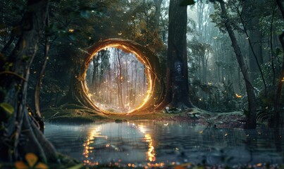 Mystical portal opening in a forest, 4K hyperrealistic photo