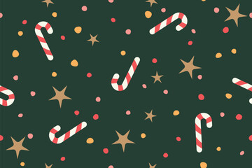 christmas, New Year's Eve seamless pattern with christmas candy canes, stars and dots; great for wrapping, greeting cards, social media graphics- vector illustration