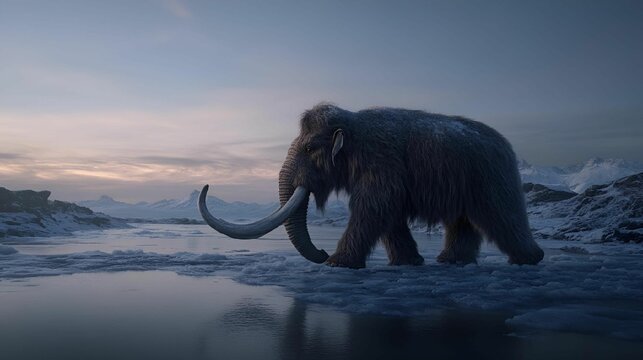 Woolly mammoth walking on icy terrain at twilight.