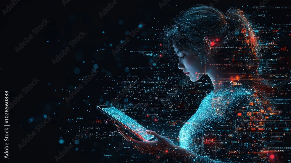 Poster a futuristic scene features a digital woman interacting with a tablet, immersed in a glowing environ