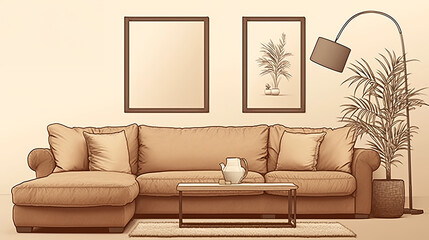 A contemporary living room showcases a large, neutral-toned sectional sofa with elegant wall artwork, accompanied by a stylish floor lamp and indoor plant.