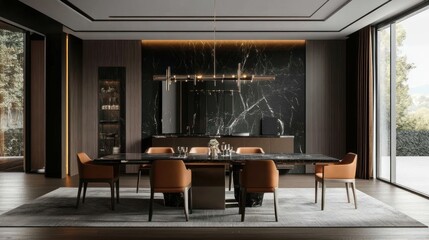 Modern Dining Room with Black Marble Wall and Brown Leather Chairs