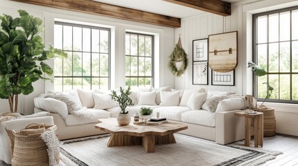 Modern Farmhouse Living Room with White Couch and Wooden Coffee Table