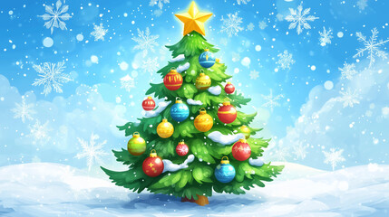 Cartoon-style New Year&rsquo;s tree, bright green with oversized colorful ornaments and a golden star on top, simple background with light snowflakes, playful and festive design