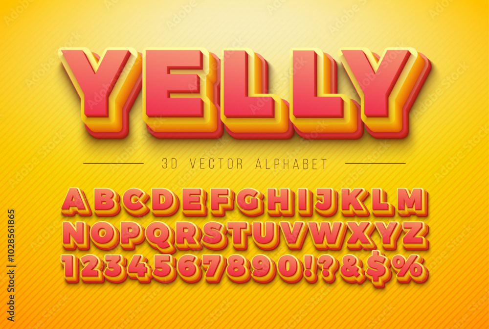 Fototapete vector 3d multi layered plexiglass effect alphabet font set with shadow on yellow background. modern