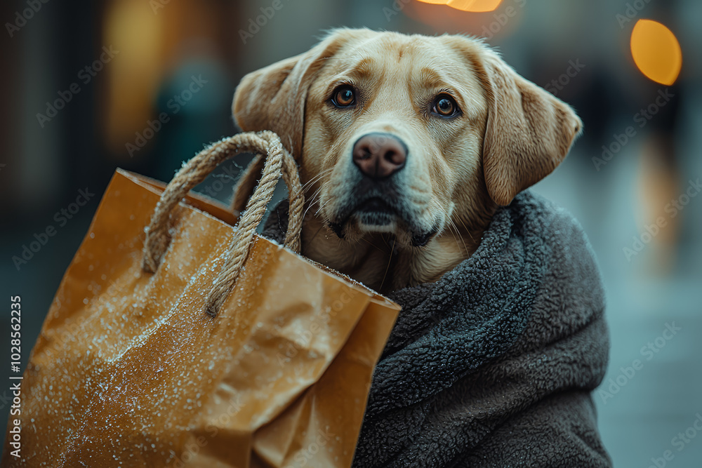 Poster A dog carrying a shopping bag and looking stressed represents the overwhelming nature of consumer life. Concept of animals in human roles.