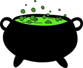 Colorful Halloween illustrations of pumpkin, bat, cat, and spooky cauldron.

