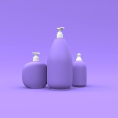 Elegant cosmetic bottles on purple background. Modern cover design. 3d illustration.