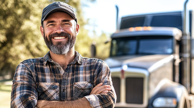 Confident Truck Driver Posing in Front of His Semi-Truck