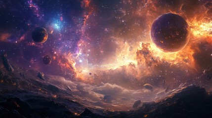 Obraz premium A Fiery Cosmic Landscape With Planets and Nebulae
