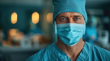 Surgeon in Surgical Attire, a focused male surgeon wearing scrubs and a mask, exuding professionalism and dedication in a clinical setting, ready for surgery.