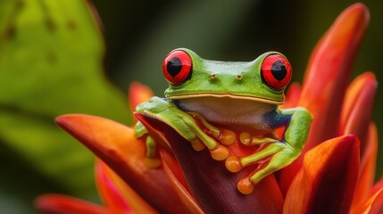 Naklejka premium A vibrant red-eyed tree frog perched on a colorful flower, showcasing nature's beauty.