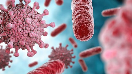 Microscopic view of bacteria and virus in vibrant colors on a blue background.
