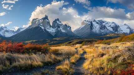 Fototapeta premium Autumn landscape in a national park featuring mountains, a serene lake, vibrant trees, and a clear sky