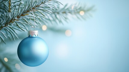 A close-up shot of an blue Christmas ornament hanging on the branch of an evergreen tree, with a light blue background