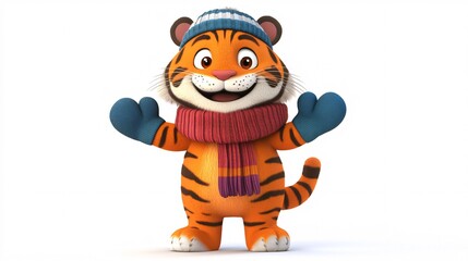 Cozy Cartoon Tiger with Scarf and Mittens