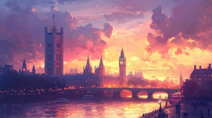 Naklejka premium A vibrant sunset over the iconic London skyline, featuring Big Ben and the Houses of Parliament.