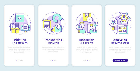 Stages of reverse logistics onboarding mobile app screen. Walkthrough 4 steps editable graphic instructions with linear concepts. UI, UX, GUI template. Montserrat SemiBold, Regular fonts used