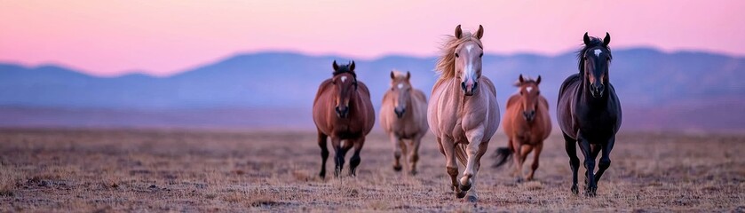 Obraz premium A stunning scene of horses running across an open field during sunset, showcasing power and beauty in nature.