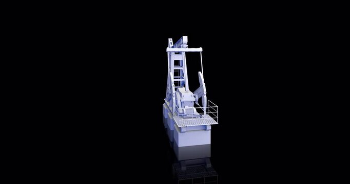 Looped 4K 3D animation of working white textured oil pump on black background. Alpha channel included. Oil pump jack, producing oil and gas. Oil industry equipment. Energy and Technology Concept.