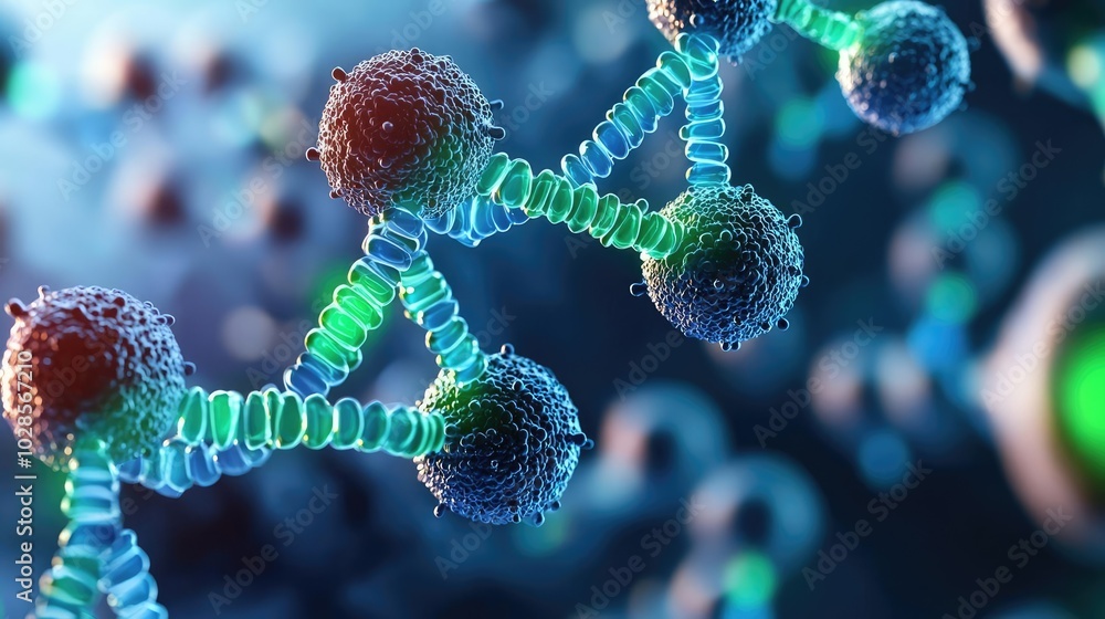 Poster molecular structure with colorful atoms and strands on a dark abstract background.