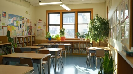 Empty Classroom with Desks and Bookshelves
