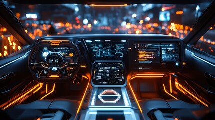 Interior of a futuristic autonomous vehicle cockpit featuring advanced digital screens and intuitive controls, emphasizing a driverless design.