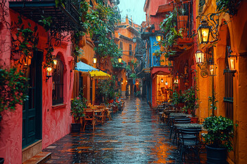 Fototapeta premium A bustling, colorful city scene next to a dark, empty alley represents the divide between public excitement and private loneliness. Concept of emotions in contrast.