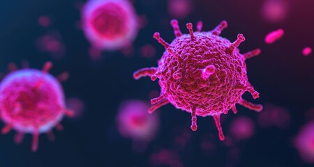 Microscopic view of colorful viruses on a dark background.