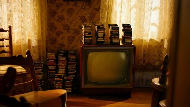 Vintage Television with Stacks of VHS Tapes in Retro Living Room