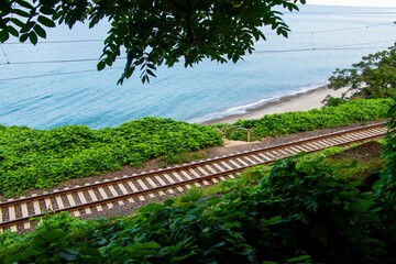 Scenic view of a coastal railway track with lush greenery and a serene ocean in the background.