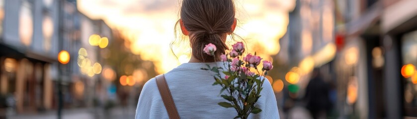Naklejka premium A woman walks through a vibrant city street at sunset, holding a bouquet of flowers, capturing the magic of urban life.