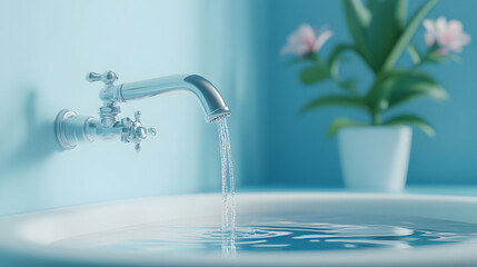 3D rendering of a water tap with dripping water, symbolizing conservation  