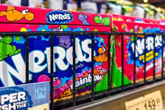 Colorful Nerds candy boxes displayed on supermarket shelf