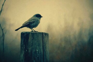 Fototapeta premium A Small Bird Perched upon a Wooden Post