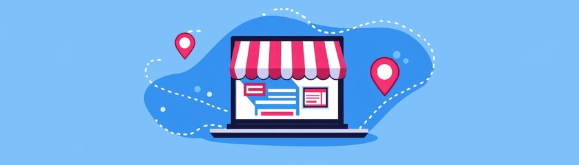 An online store illustration featuring a laptop, shopping cart, and location pins, showcasing modern e-commerce solutions.