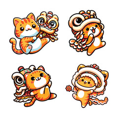 Fototapeta premium Cute cartoon characters of an cute orange cat is doing a lion dance. Use this cartoon file for such as designs on t-shirts, stickers and many others.
