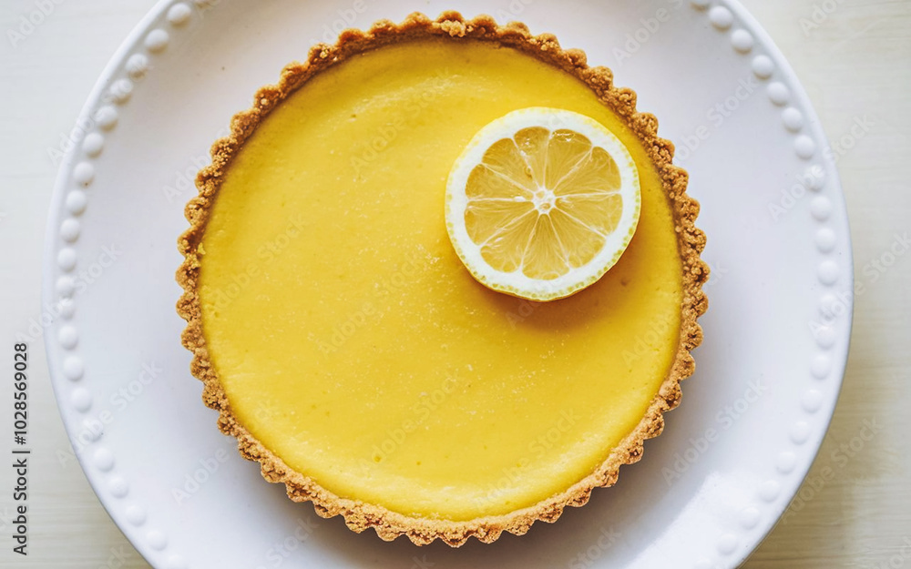 Poster Lemon pie with a slice of lemon on top on a white plate. View from above