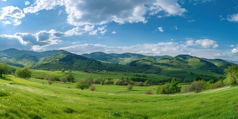 Naklejka premium A beautiful summer landscape featuring green fields and majestic mountains under a blue sky, with fluffy clouds scattered above a peaceful valley